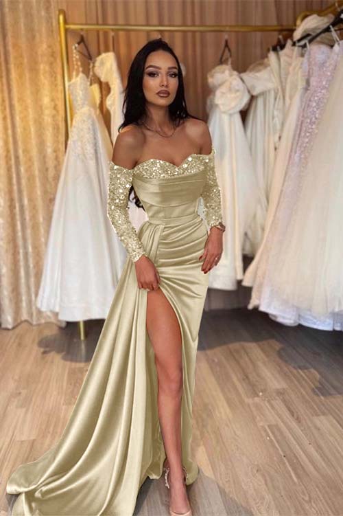 Off the Shoulder Long Sleeves Long Mermaid Prom Dress With Pleated BMBRIDE