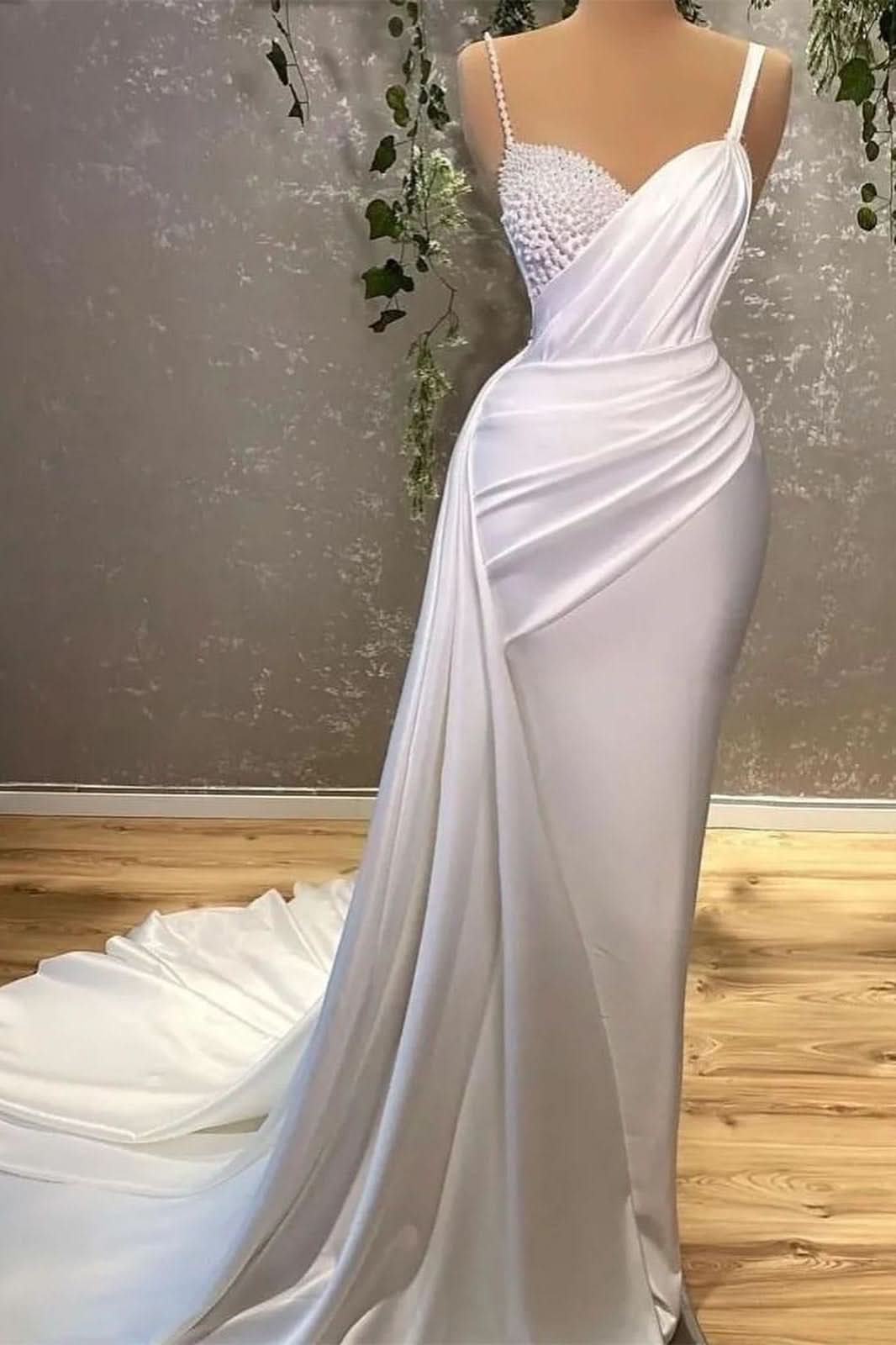 White Spaghetti Strap Long Mermaid Evening Dress with Pearls BM bride