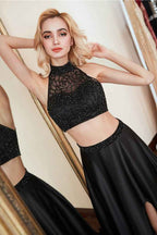 Black Two Pieces High Neck Sleeveless Long Prom Dress Split With Beadings