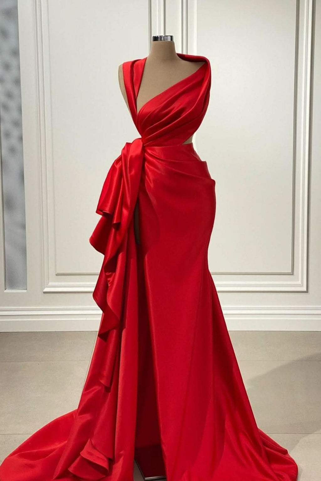 Elegant Red Charmeuse Long Prom Dress with High Slit BM bride