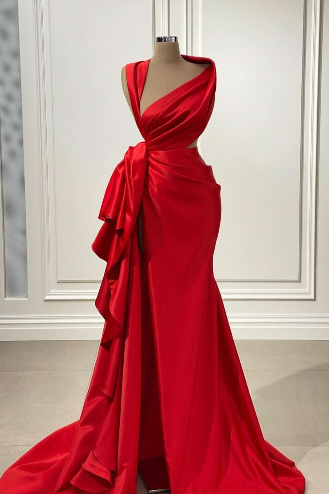 Elegant Red Charmeuse Long Prom Dress with High Slit BM bride