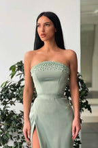 Chic Long Strapless Sleeveless Mermaid Beadings Prom Dress With High Split