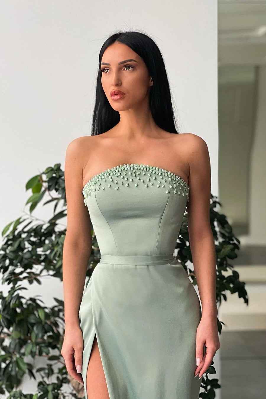 Chic Long Strapless Sleeveless Mermaid Beadings Prom Dress With High Split