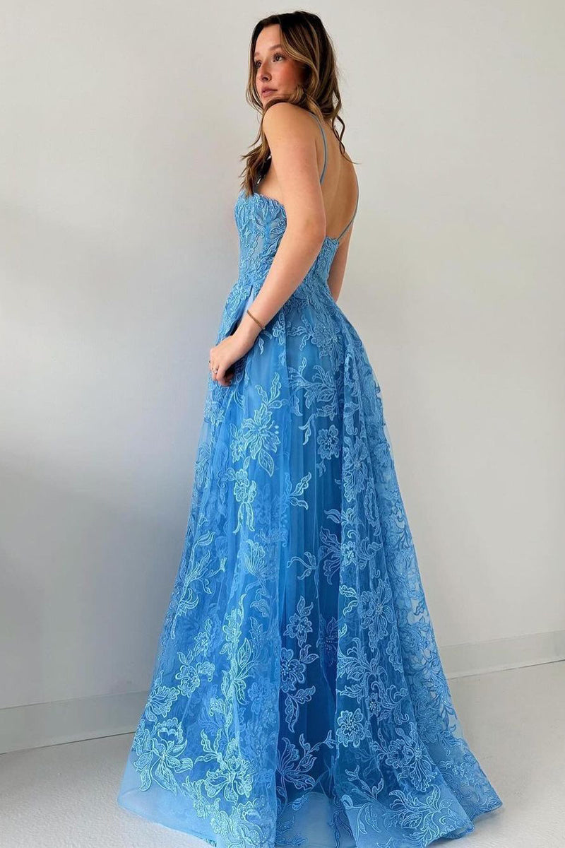 Lovely Blue Spaghetti Straps Tulle Appliques Long Prom Dress BM bride
