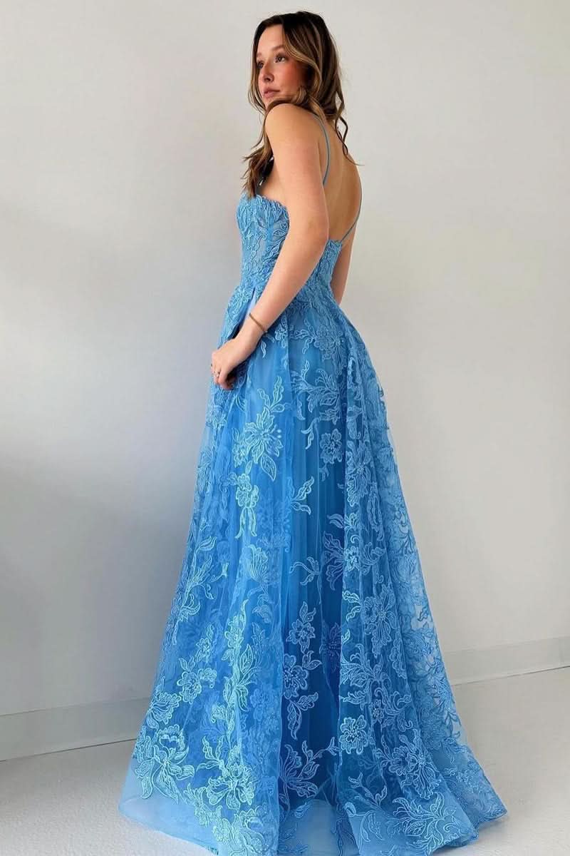 Lovely Blue Spaghetti Straps Tulle Appliques Long Prom Dress BM bride
