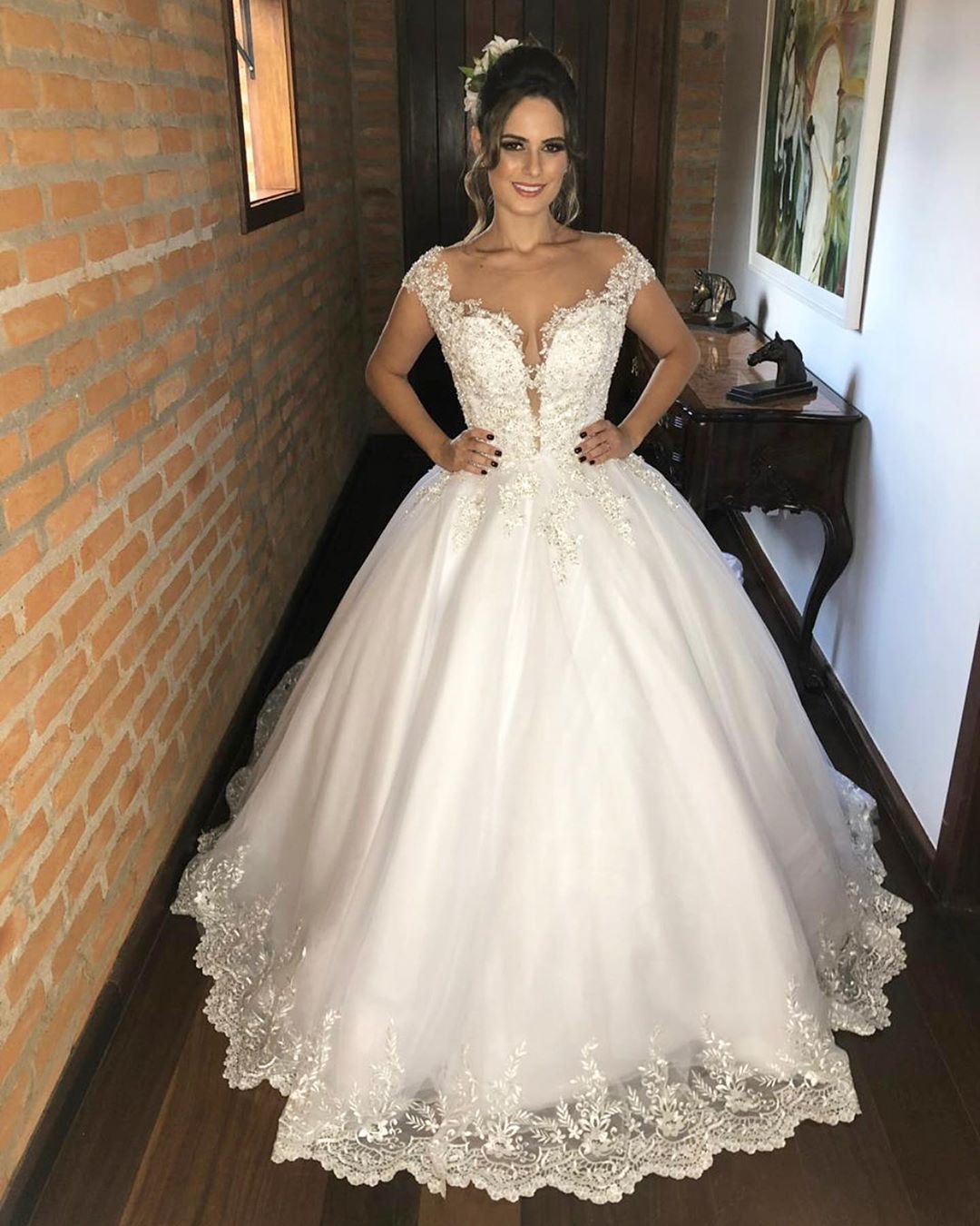 Sweetheart Strappy V-Neck Floor-Length Wedding Dress with Lace Appliques BM bride