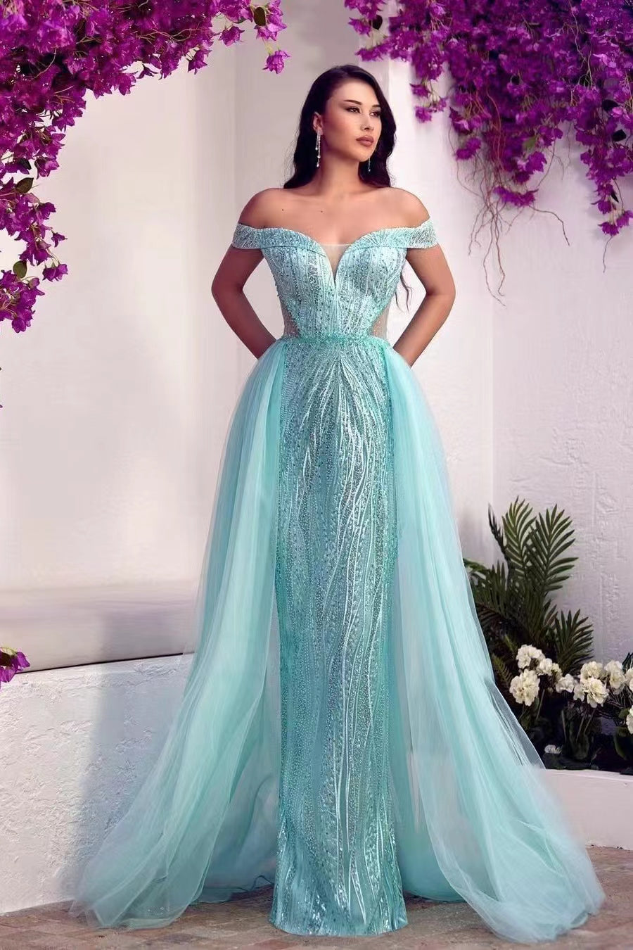 Glamorous Off-the-Shoulder Sweetheart Tulle Prom Dress with Overskirt, Sequins, and Beads BM bride