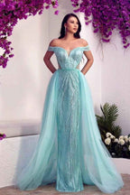Glamorous Off the Shoulder Tulle Prom Dress Overskirt With Sequins