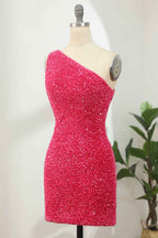 Hot Pink Open Sequins One Shoulder Tight Homecoming Dress Bmbride