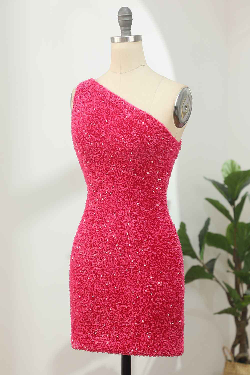 Hot Pink Open Sequins One Shoulder Tight Homecoming Dress Bmbride