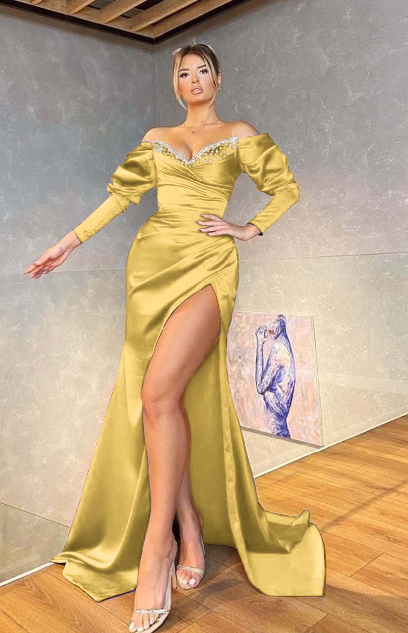 Off the Shoulder Mermaid Royal Blue Long Sleeves Prom Dress Beading BMBRIDE