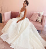 Glamorous A-Line Wedding Dress V-neck Spaghetti Straps Lace Appliques Tulle BM bride