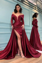 Burgundy Long Sleeves Mermaid Evening Dress BM bride