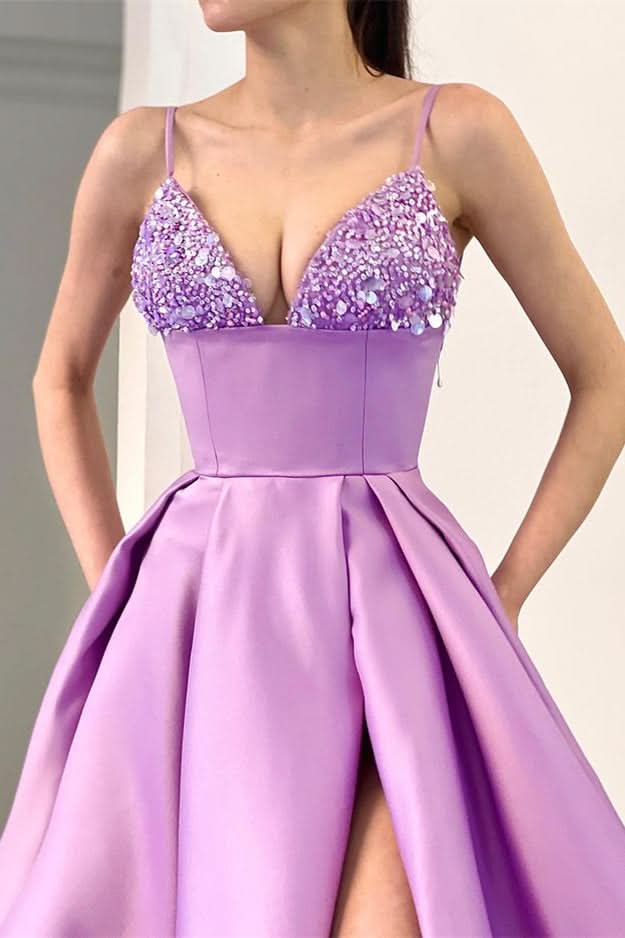 Lavender Spaghetti-Straps Sequins A-Line Evening Dress with Split BM bride