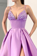 Lavender Spaghetti-Straps Sequins A-Line Evening Dress with Split BM bride