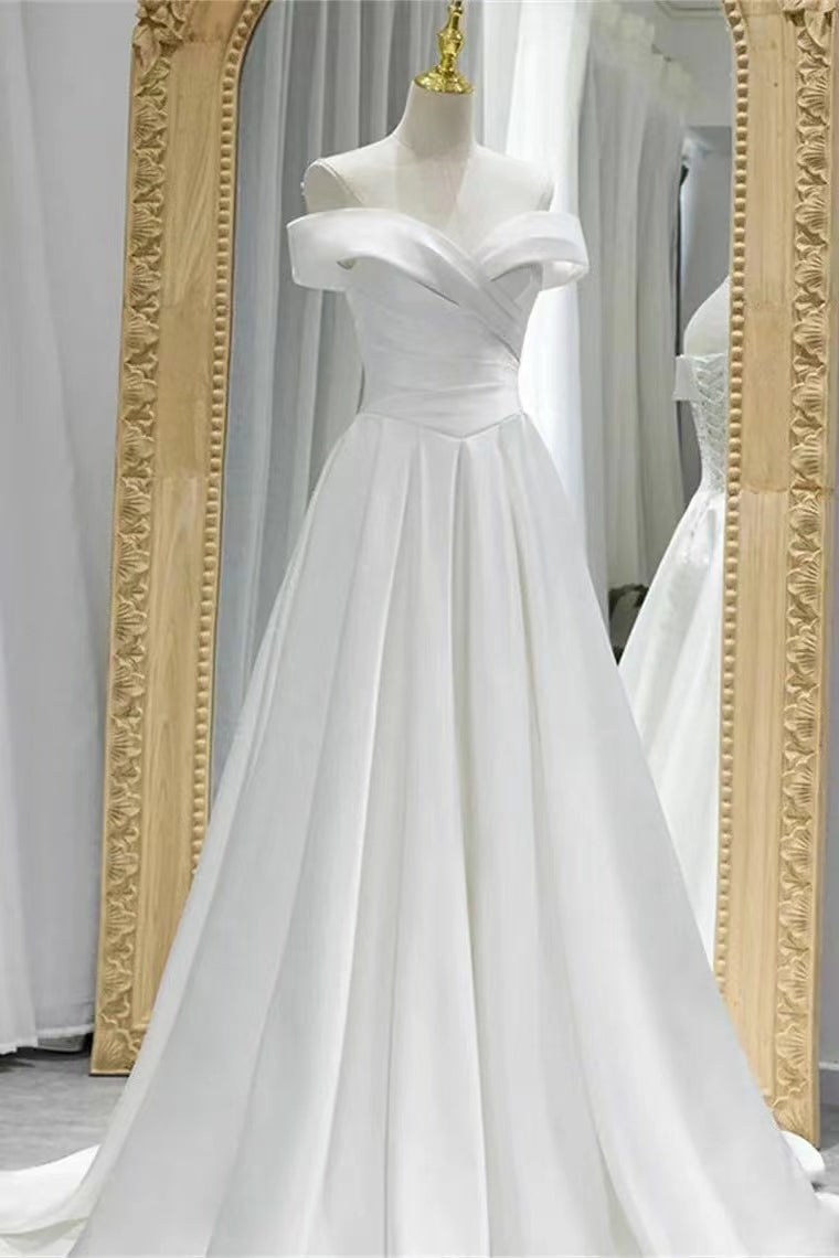 Gorgeous White Off-The-Shoulder A-Line Evening Dress with Lace-Up Sweetheart BM bride