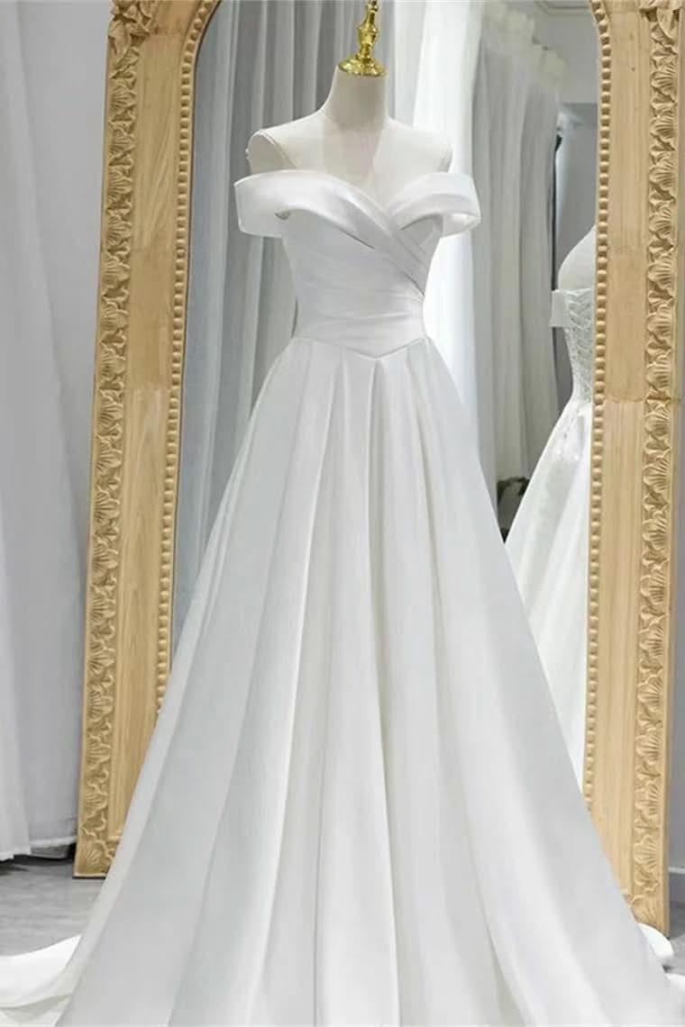 Gorgeous White Off-The-Shoulder A-Line Evening Dress with Lace-Up Sweetheart BM bride