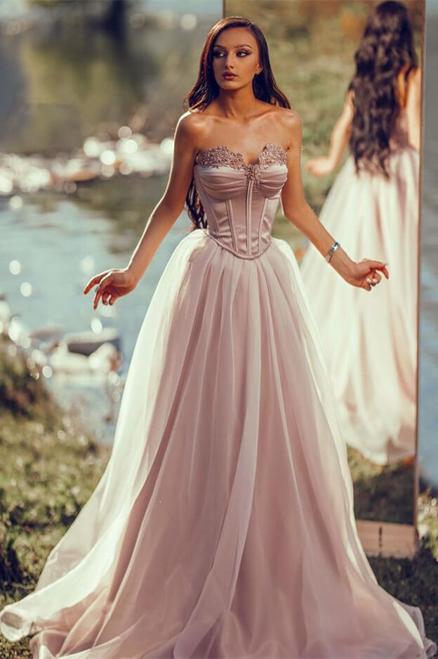 Charming Silver Off-the-Shoulder Sleeveless Long Evening Dress with Appliqued Tulle BM bride