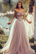 Charming Silver Off-the-Shoulder Sleeveless Long Evening Dress with Appliqued Tulle BM bride