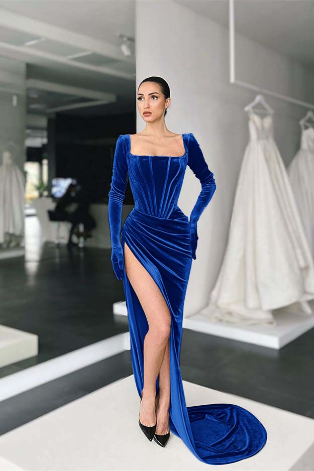 Stunning Square Neck Long Sleeves Pleated Long Prom Dress With Side Split BMBRIDE