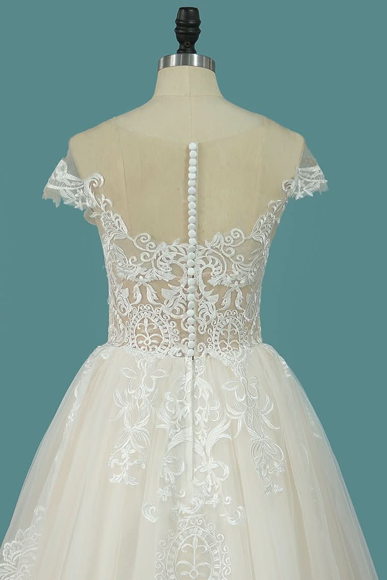 Bateau A-Line Wedding Dress Floor-length With Ruffles Tulle Appliques Lace BM bride