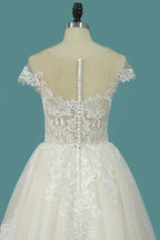 Bateau A-Line Wedding Dress Floor-length With Ruffles Tulle Appliques Lace BM bride
