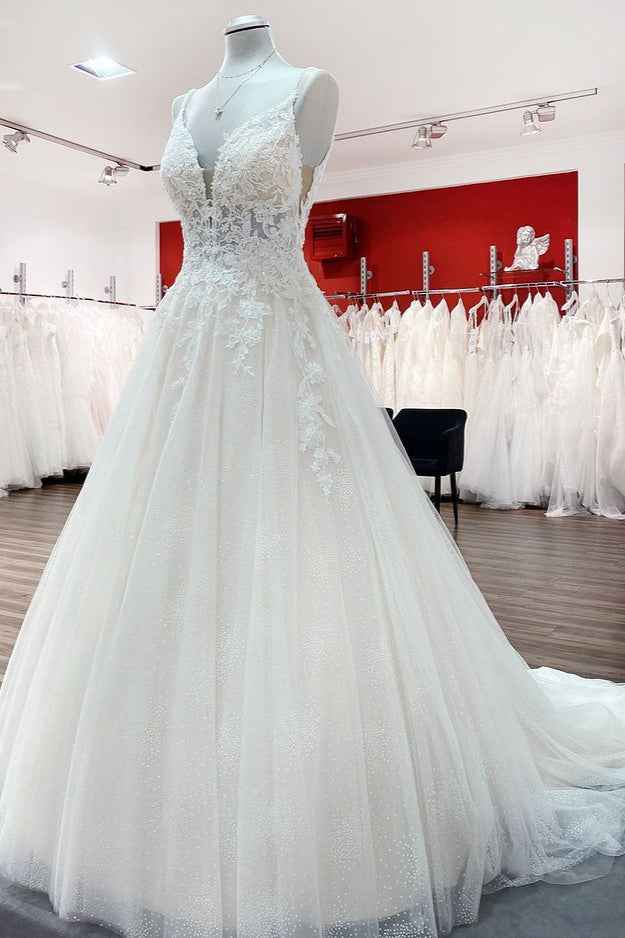 Spaghetti Strap V-Neck A-Line Backless Wedding Dress with Tulle Lace BM bride