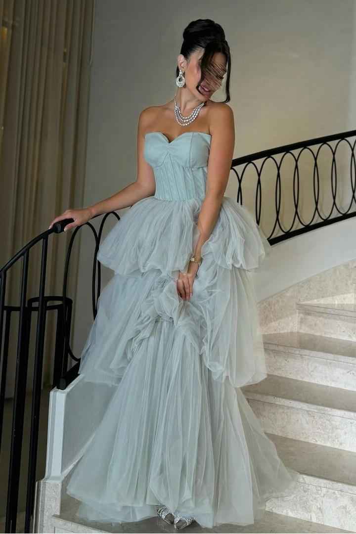 Shinning Tulle Strapless Sweetheart Sleeveless Long Prom Dress