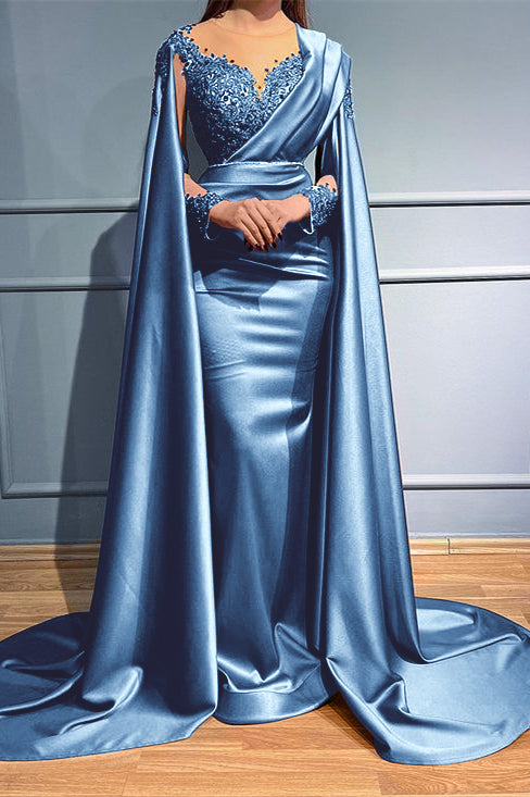Rust Long Sleeves Beads Appliques Mermaid Long Evening Dress With Ruffles