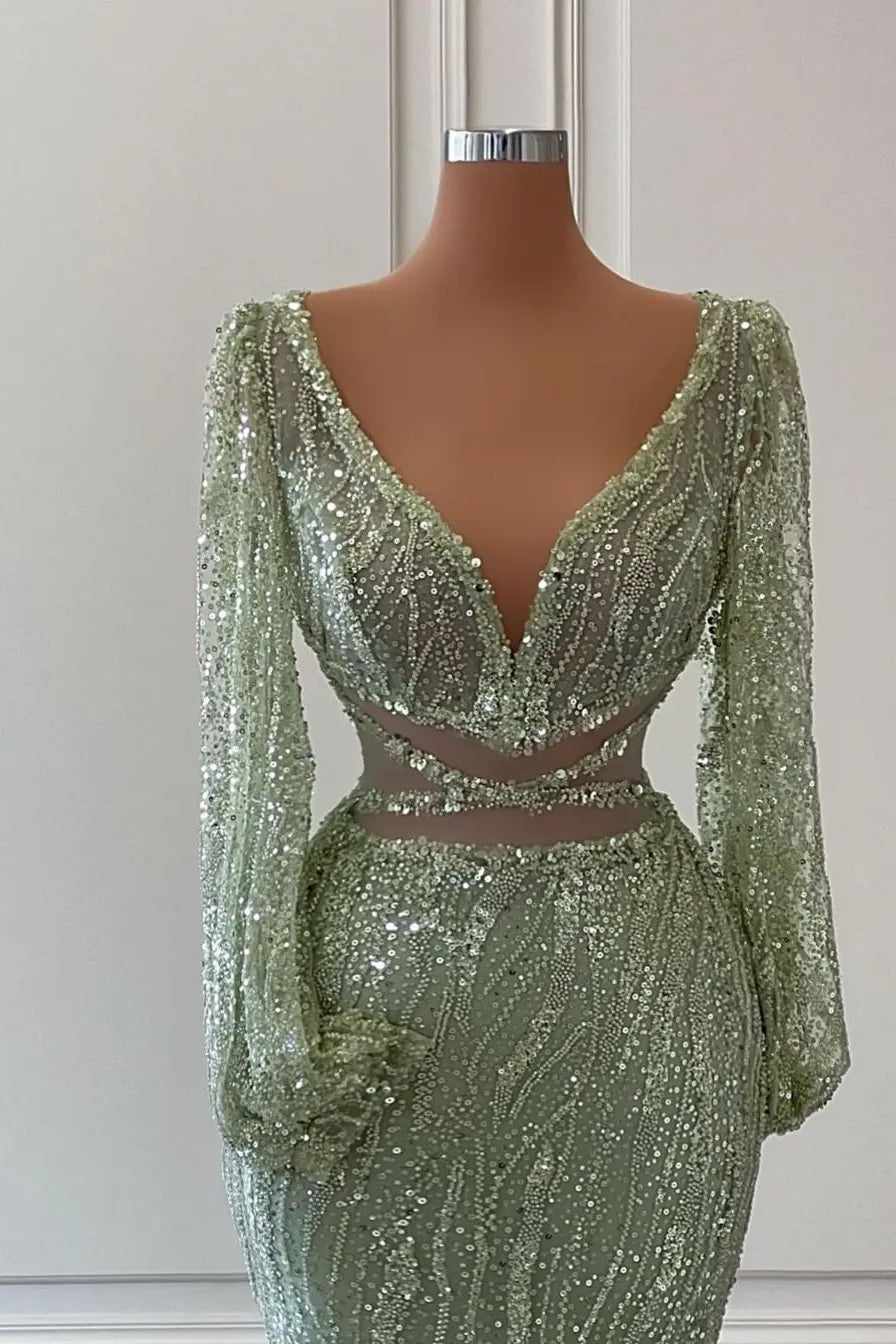 Light Green V-Neck Mermaid Evening Dress Long Sleeves with Sequins and Beads BM bride