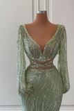 Light Green V-Neck Mermaid Evening Dress Long Sleeves with Sequins and Beads BM bride