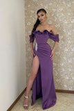 Off-the-Shoulder Purple Prom Dress with Split BM bride