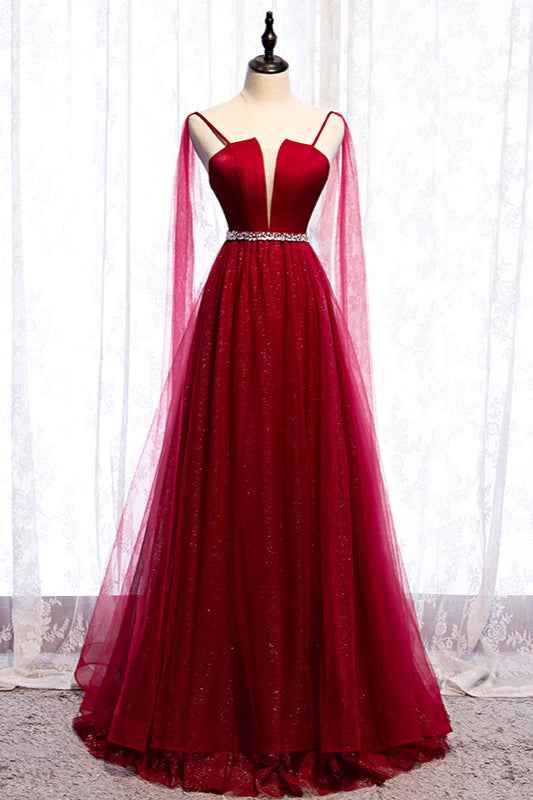 Burgundy Spaghetti Strap Sleeveless Prom Dress Tulle Ruffles With Beading