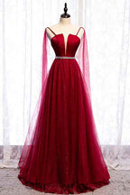 Burgundy Spaghetti Strap Sleeveless Prom Dress Tulle Ruffles With Beading