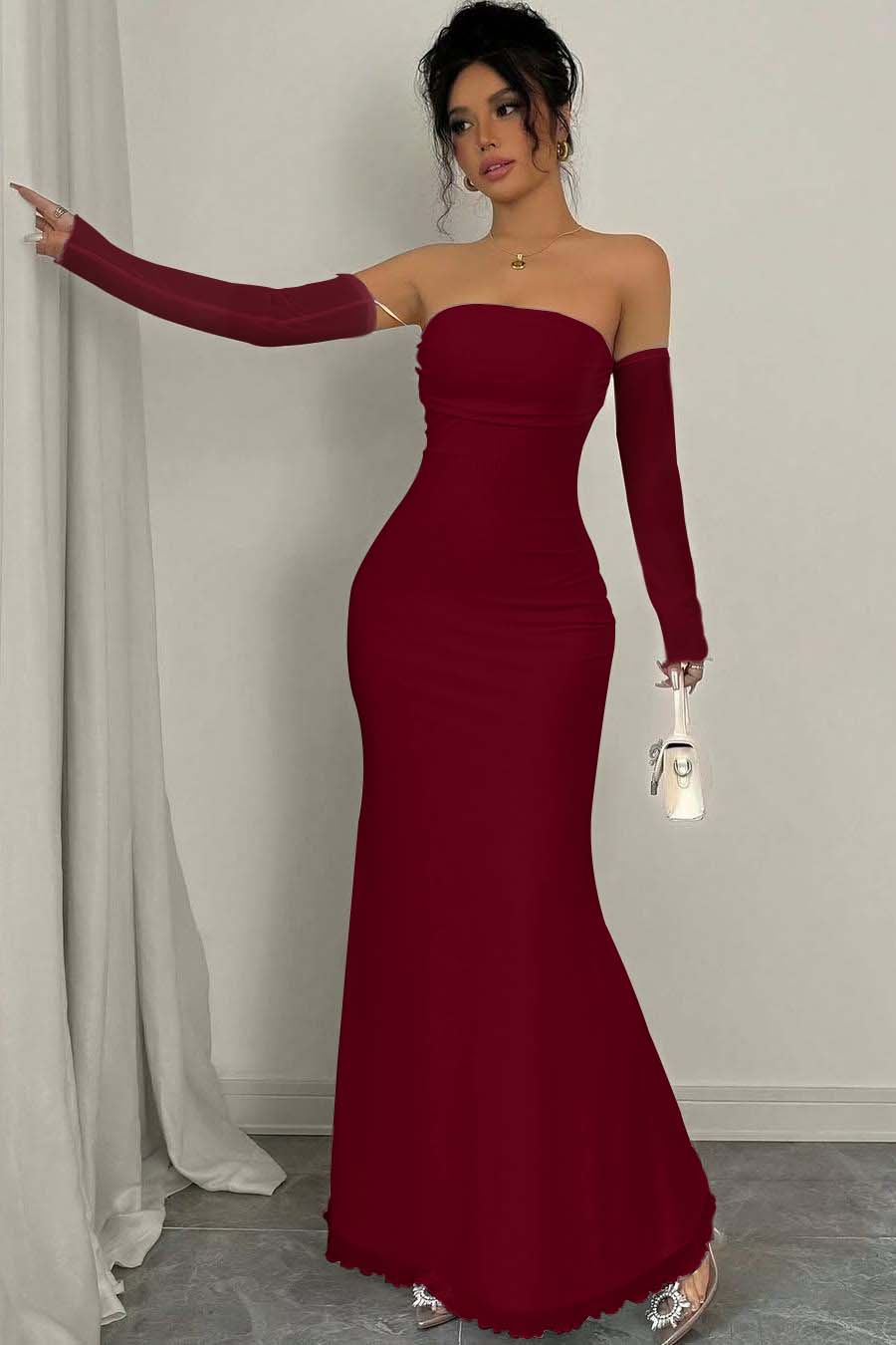 Strapless Long Mermaid Prom Dress With Detachable Sleeves Pleated BMBRIDE