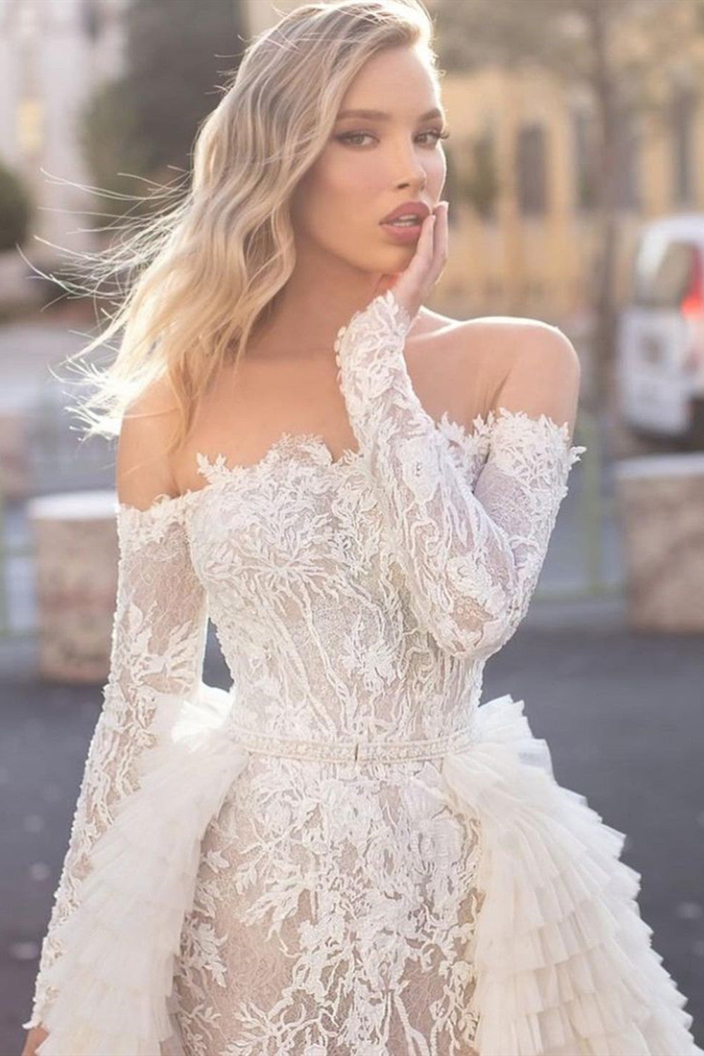 Off-the-Shoulder A-Line Long Sleeve Mermaid Wedding Dress with Train BM bride