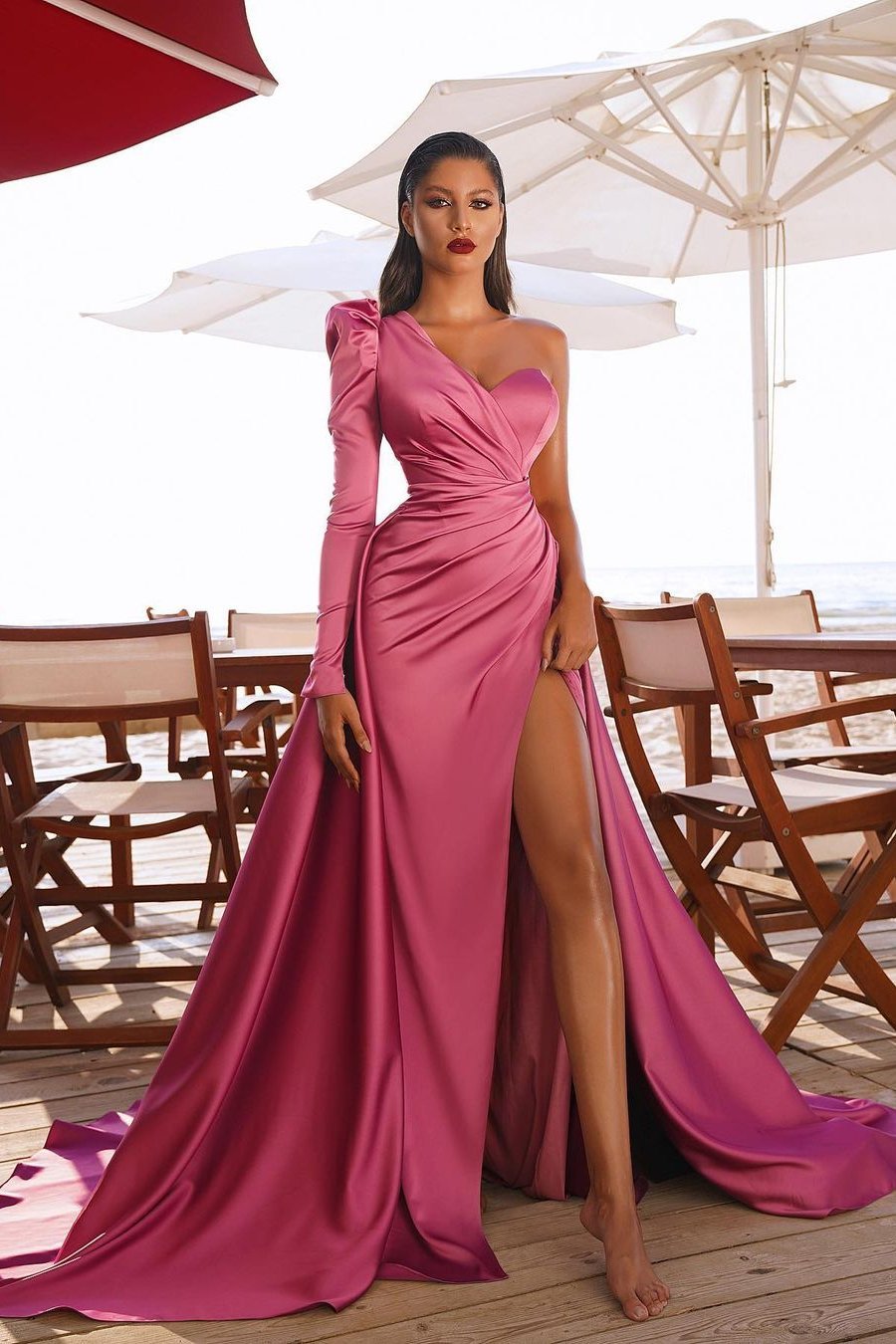 Glamorous One Shoulder Long Sleeve Long Pleated Prom Dress With High Split BMBRIDE