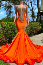 Bright Orange V Neck Sleeveless Mermaid Prom Dress with Appliques BM bride