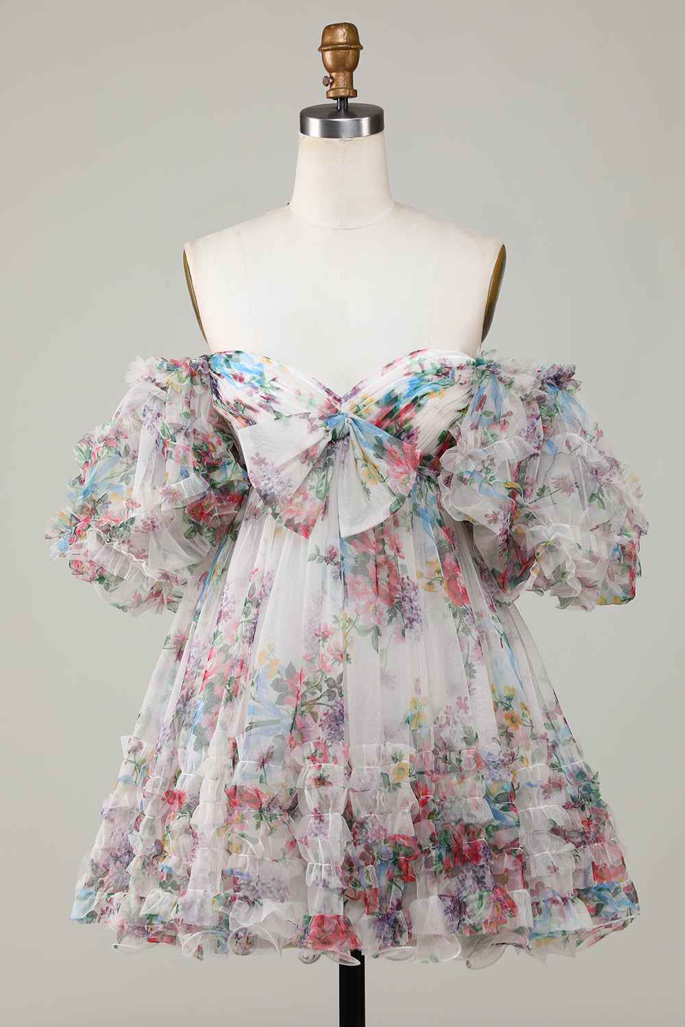 Ivory Puff Sleeves A-Line Floral Short Homecoming Dress with Ruffles Bmbride