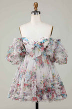 Fuchsia Puff Sleeves A-Line Floral Short Homecoming Dress with Ruffles Bmbride