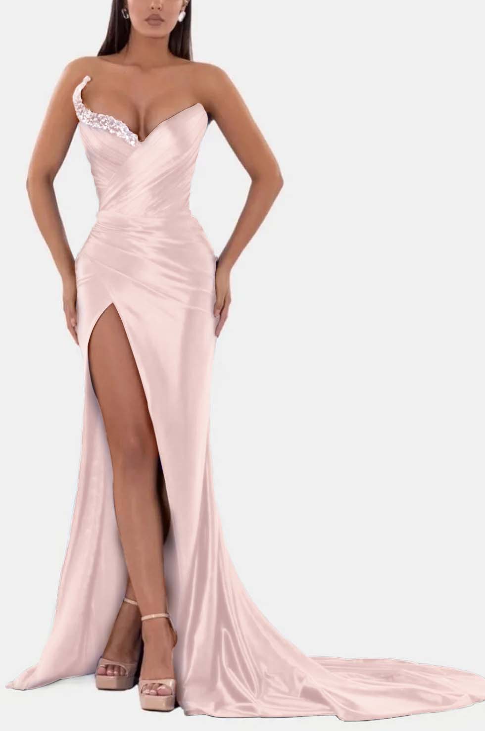 Sexy Royal Blue Prom Dress V Neck With High Slit Pleated Strapless Sleeveless BMBRIDE