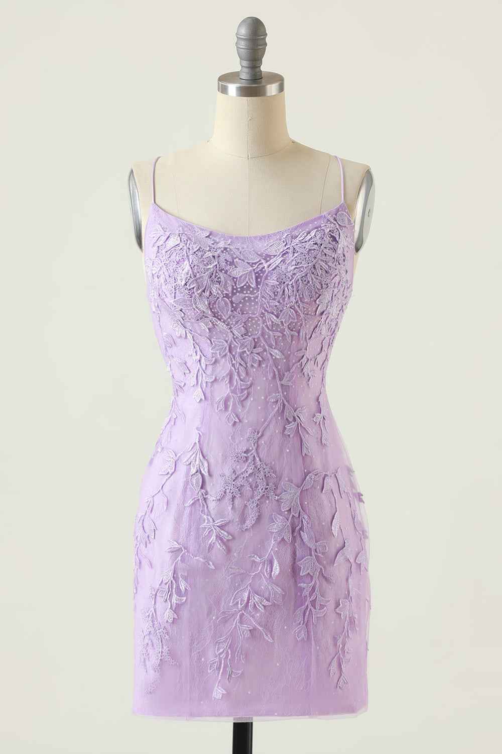 Spaghetti Straps Purple Tight Short Homecoming Dress with Appliques