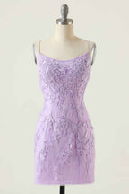 Spaghetti Straps Purple Tight Short Homecoming Dress with Appliques