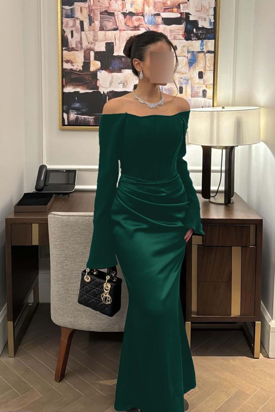 Strapless Long Sleeves Mermaid Long Prom Dress With Pleated BMBRIDE