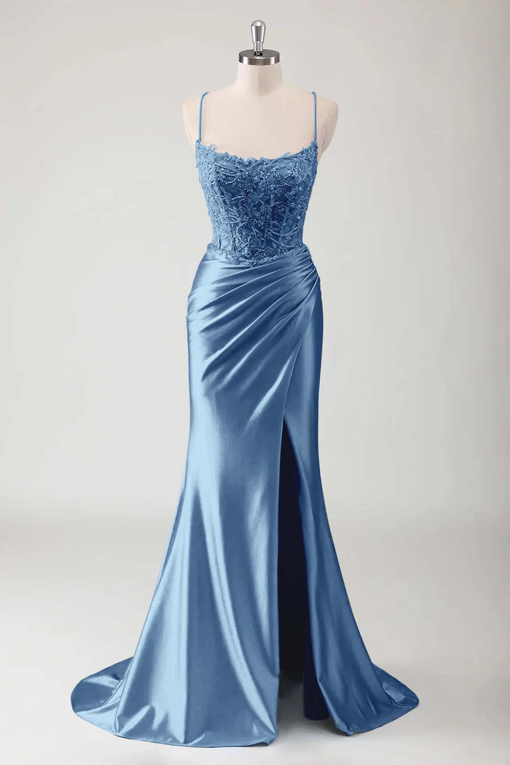 Spaghetti Strap Sleeveless Long High Split Prom Dress With Appliques BMBRIDE
