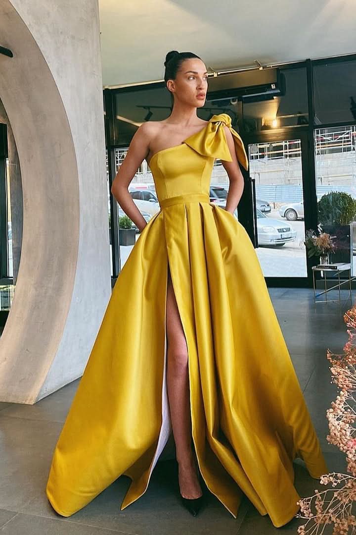 Yellow One-Shoulder Prom Dress Split with Pockets BM bride