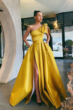 Yellow One-Shoulder Prom Dress Split with Pockets BM bride
