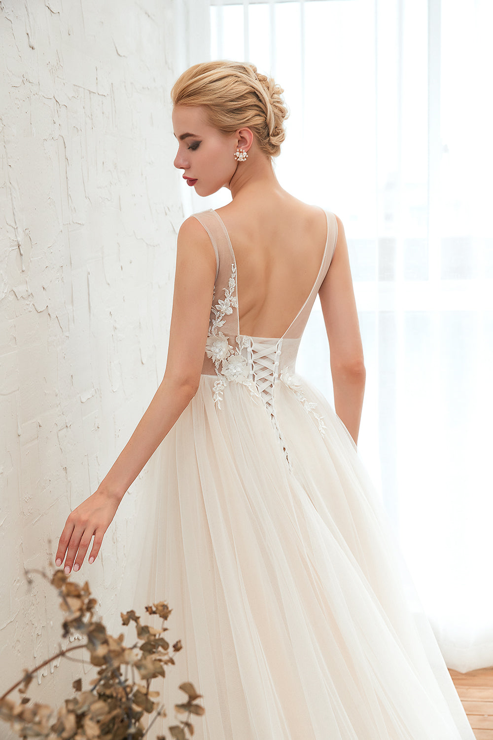 Romantic Wide Strap Deep V-Neck Floor-Length A-Line Wedding Dress with Tulle BM bride