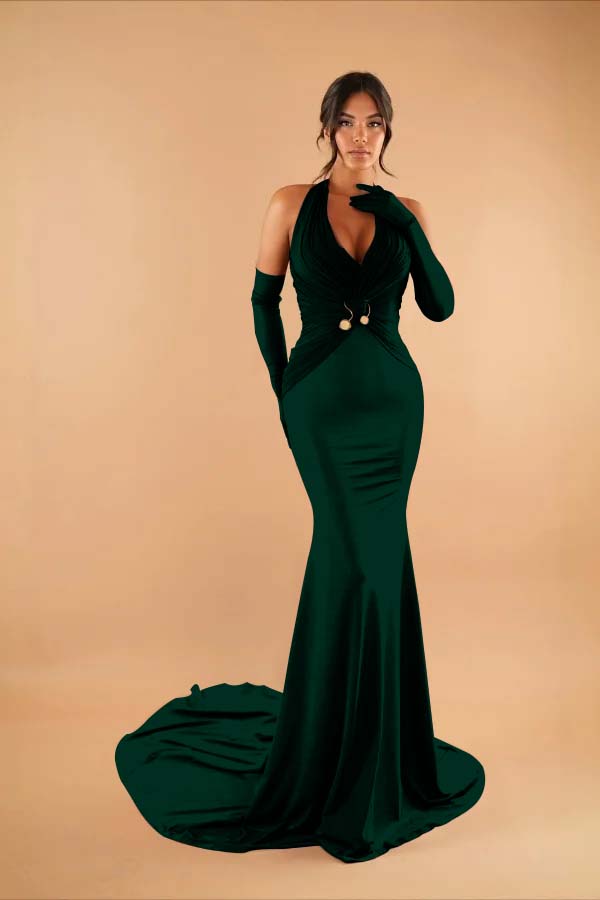 Halter Sleeveless Long Mermaid Prom Dress With Pleated Gloves BMBRIDE