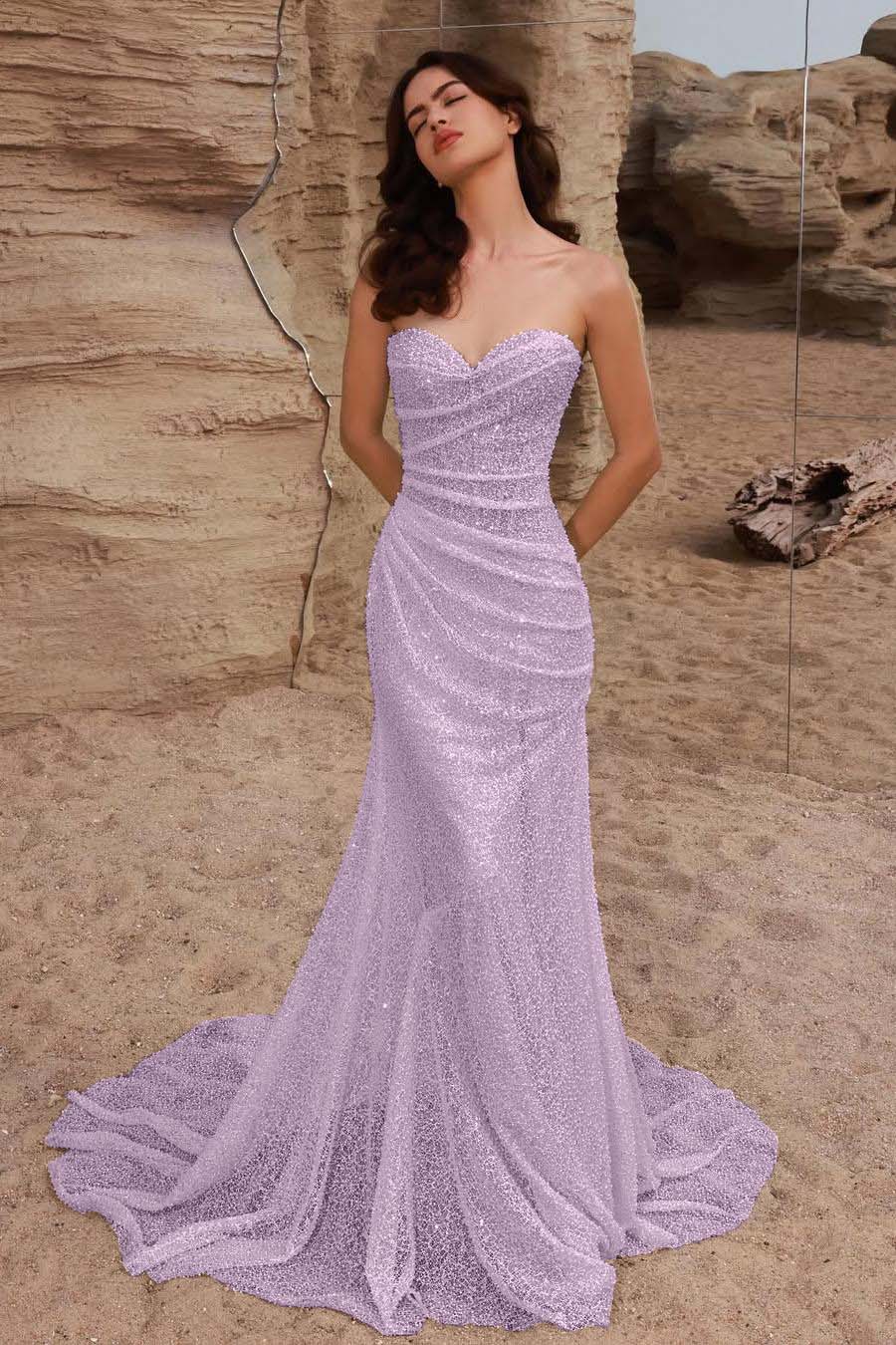 Strapless Sleeveless Long Mermaid Prom Dress With Pleated Sequins BMBRIDE